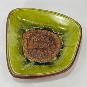 tg Treasure Craft Trinket Dish Plate Hawaii Pottery Green Glaze Ceramic USA